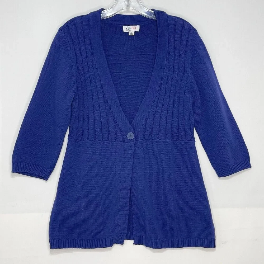 D&Co Women’s Small Cable Knit Sweater Cardigan Navy Blue One Button 3/4 Sleeve